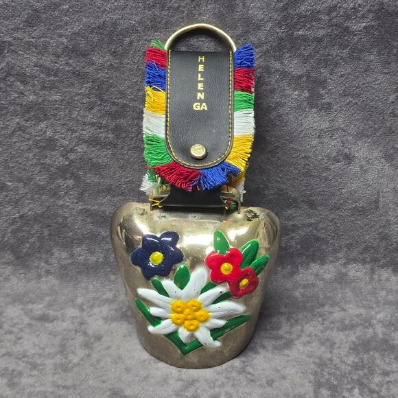 Hand Painted Floral Brass Cow Goat Sheep Bell Helen GA Embroidered Strap Collect - Picture 10 of 10